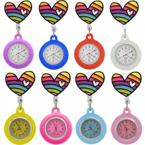 Double Love Heart Rainbow Colourful Retractable Women Nurse Doctor Hospital Clips FOB Pocket Hang Quartz Watches Clock Gifts