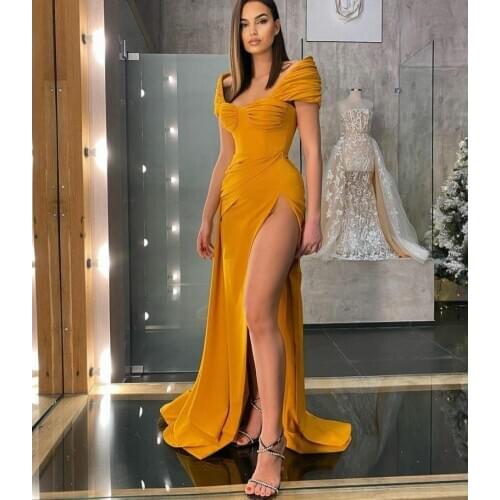 Long Satin Pleated Mermaid Evening Dresses with Slit Floor Length Yellow Formal Party Dress for Women