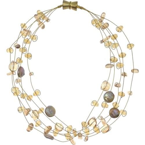 FoLisaUnique 5 Strands Of Floating Citrine Necklace With Coin Pearls Crystals Magnetic Clasp Trendy For Women Girls Gift 18 Inch