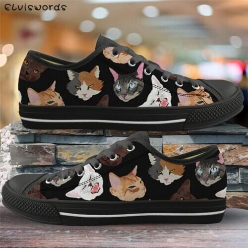 ELVISWORDS Classic Women Vulcanized Shoes Funny Animal Cat Pattern Canvas Comfortable Flats for Students Light Lace Up Sneakers