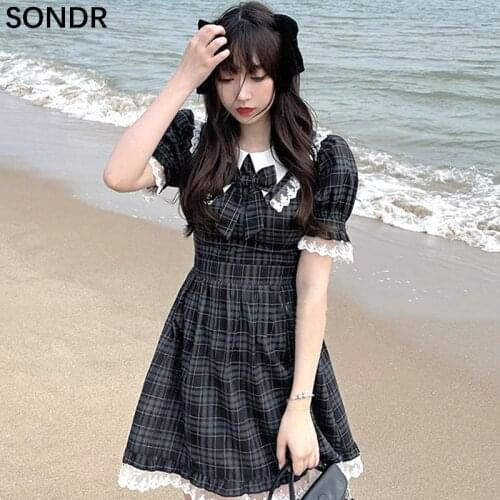 Summer Kawaii Sweet Plaid Dress Female Japanese Soft Girl Cute Bow Lolita Bubble Sleeve Dresses Lace Princess Mini Dress Gothic