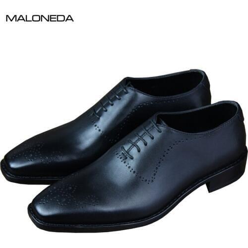 MALONEDA Goodyear Black Genuine Leather Brogue Shoes Handmade Comfortable Lace up Oxfords Leather Shoes for Male