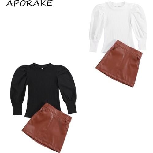 2021 1-6Y Fashion Kids Baby Girl Clothes Set Mesh Puff Long Sleeve Solid Long Sleeve Top Pullover+Leather A-line Skirt Fall 2pcs