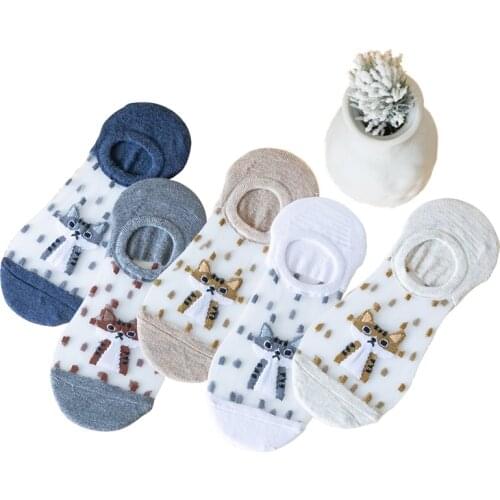 5 Pairs New Fashion Casual Number Crystal Silk Tide Women Sock Summer Girl Cartoon Cat Harajuku Breathable invisible Sock