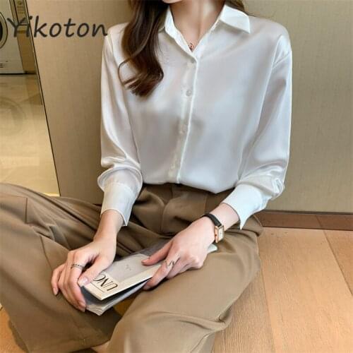 Autumn Fashion Button Up Satin Silk Shirt Vintage Blouse Women White Office Lady Long Sleeves Chiffon Female Loose Street Shirts