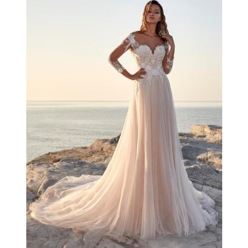 Long Transparent Sleeves Soft Tulle Wedding Dress Boho Beach V-Neck Rustic Floral Applique Maxi Ceremony Bridal Gown Custom Made