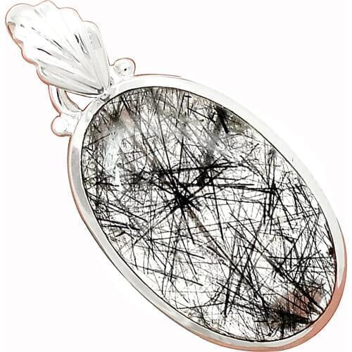 Lovegem Genuine Black Rutile Pendant 925 Sterling Silver, 39 mm, AP3319