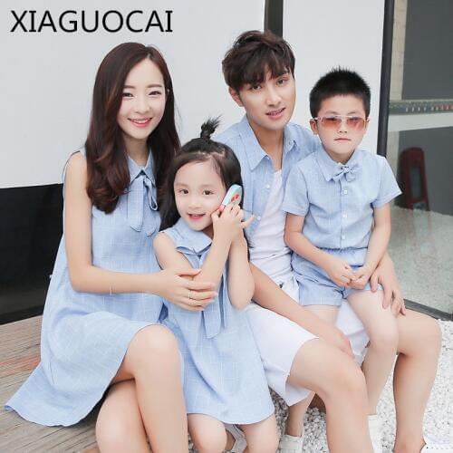 2018 Summer New Family Matching Outfits Mother Daughter Sleeveless Dresses Father shirt Son Boy shirt+Shorts Clothes D48 10