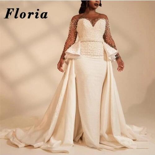 Pearls Mermaid Wedding Dress Vestidos De Noiva Saudi Arabic Black Girl Bride Dresses 2020 Backless Illusion Bridal Gown Gelinlik