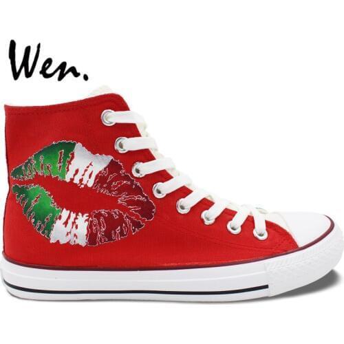 Wen Red Green Hand Painted Shoes Design Custom Italy Flag Lip Print Pattern Women Mens High Top Canvas Sneakers for Gifts