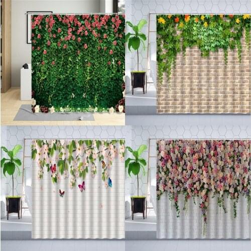 Spring Scenery Flowers Plants Shower Curtain Butterfly Green Leaves Pink Floral Wall landscape Decoration Curtains Bathroom Sets
