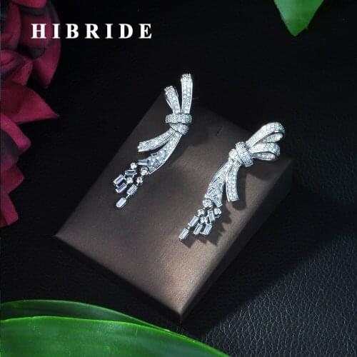 HIBRIDE Brand High Quality Silver Color Long Clear Crystal Stud Earring Fashion Cubic Zirconia Women Jewelry E-136