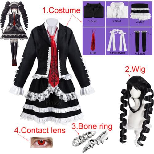 Danganronpa Celestia Ludenberg Cosplay Costume Anime Yasuhiro Taeko Women Lolita Wig Metal Bone Ring Red Cosmetic Contact Censes