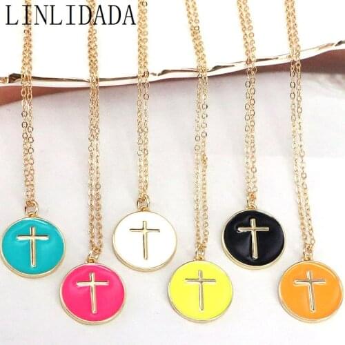 10Pcs Multicolor Coin Shape With Cross Pattern Enamel Charm Pendant Necklace Fashion Jewelry Gift