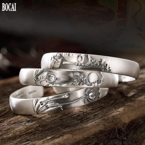 2020 new 100% real S999 pure Silver Lotus Buddha Zen Heart Sutra Bracelet Personalized Retro Cuff Design Bracelet for Women