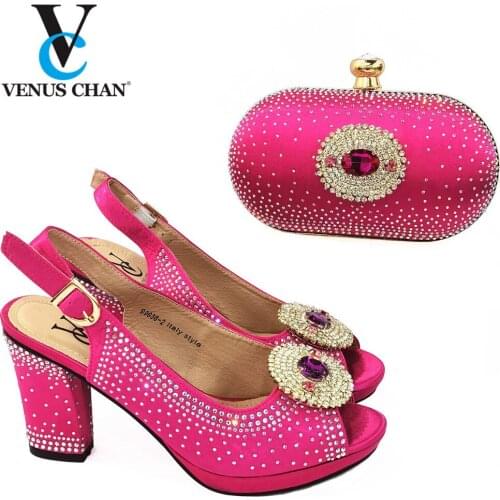 2021 Italian Design Fashion Fullness of Crystal African Mixin Metal Style Women Shoes and Bag Set in Roes Red Color for Party