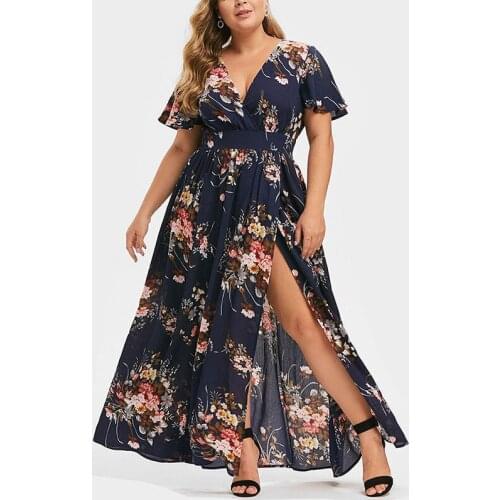 5XL Floral Big Size Summer Dresses for Women 2021 Plus Size Black High Waist Hem Split Maxi Summer Sundress Large Size Casual