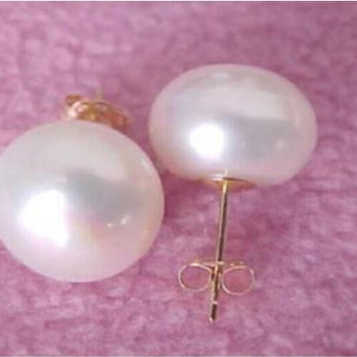 Free shipping Beautiful A pair of natural 9-10mm south seas white pearl earring 14k/20 yellow go