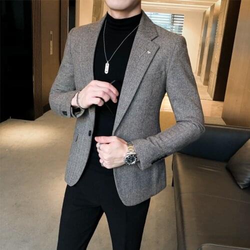 Blazer Masculino Autumn Winter Woolen Men Blazers Single Button Casual Slim Suit Jacket Business Wedding Dress Coat Ropa Hombre