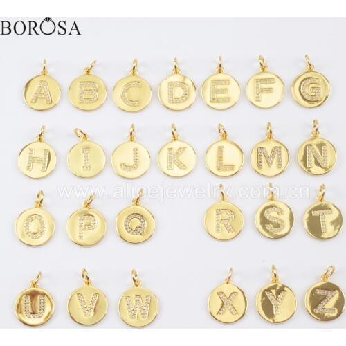 BOROSA 20PCS 15mm Round Gold Color Brass CZ Micro Pave Letter Pendant Metal Beads for Necklace/Bracelet Jewelry Making WX1071