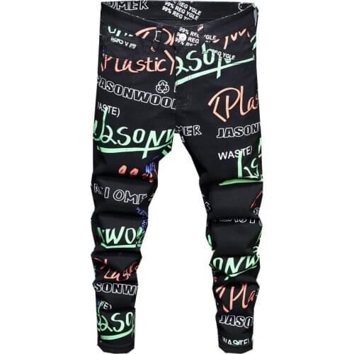 New mens male trousers Autumn winter fashion black printed stretch casual denim slim straight stretch personality flower pants