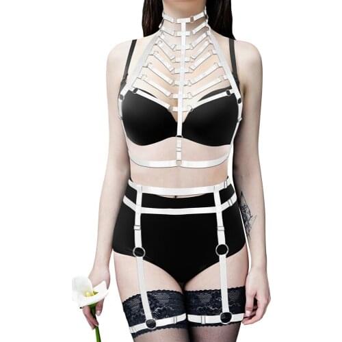Full Body Harness Bra White Caged Top Strappy High Waist Belt Garter Punk Goth Women Hollow Out Lingerie Set Festival Club Wear