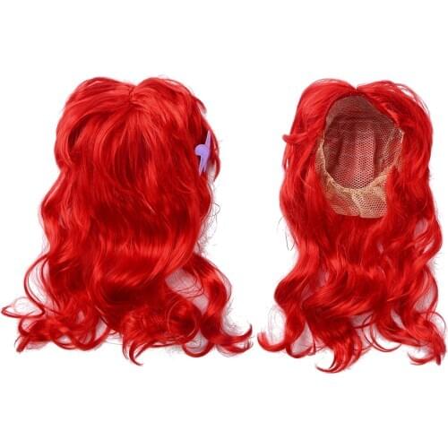 Kids Girls Mermaid Princess Wig Red Wigs Hair with Starfish Hair Clip Headband Halloween Anime Cosplay Costume Mermaid Accessory