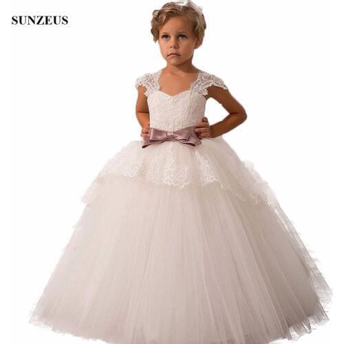 Ivory Tulle Ball Gown Flower Girl Dress With Bow Appliques Lace Cap Sleeve Long Girls Party Gowns For Wedding FLG071