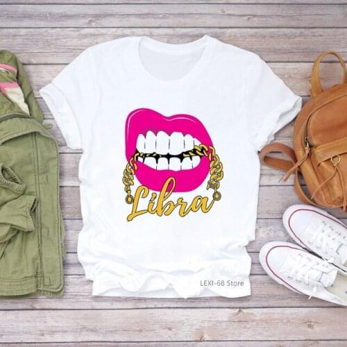 Lips Biting Libra Zodiac Graphic Print Tshirt Women Clothes 2021 Sexy Luxurious T Shirt Femme Harajuku Summer T-Shirt