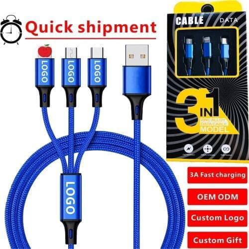 Custom LOGO 3in1 Charger Cable For iPhone 5 6 7 8 Plus X XR XS Max Micro USB Type C For Huawei Android 3in1 1.2m Long Wire Cord