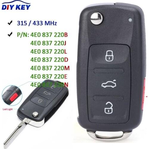 DIYKEY for Audi A8 S8 2003 2004 2005 2006 2007 2008 2009 Remote Key Fob 4E0837220B/J/L/D/M/E/N ID46 Chip 315MHz / 433MHz ASK