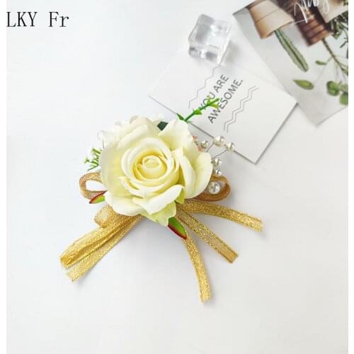 LKY Fr Wrist Corsage Wedding Bridesmaid Bracelet Flowers Silk Roses Artificial Pearl Boutonnieres Pins Men Suit Prom Accessories
