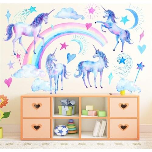 Cartoon Unicorn Wallpaper For kindergarten Kids Room Decoration Stickers Clouds Rainbow Stars Self Adhesive DIY Wall Decor Mural