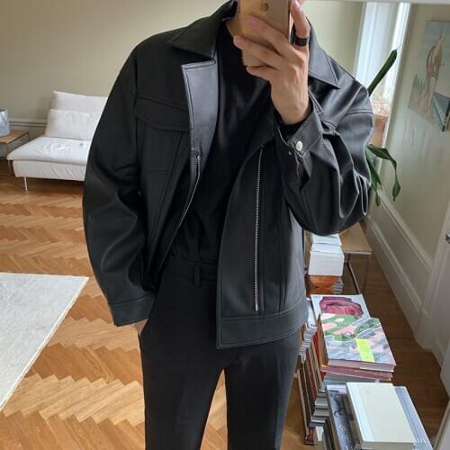 Mens Black Faux Leather Short Motor Jacket Casual Loose Coat M11