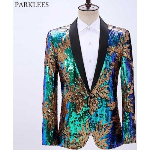 2021 New Floral Sequin Wedding Suit Blazer Men Shawl Collar Slim Fit Blue Glitter Tuxedo Blazers Mens Party Prom Singer Costume
