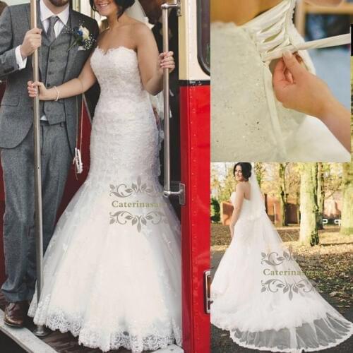 Mermaid / Trumpet Wedding Dresses Sweetheart Neckline Chapel Train Lace Over Tulle Bride Gowns with Appliques / Beading for Girl
