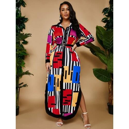 RMSFE 2021 Womens Long Sleeve Lapel Fashion Single Breasted Waist Stitching Large Shirt Dress