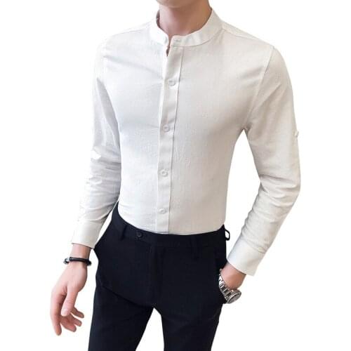 2021 New Mens Solid Color Slim Fit Stand Collar Fashion Long Sleeve Casual Business Shirts Male Round Dress O Neck Blouses