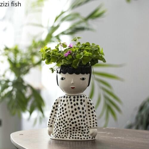 Hand Painted Ceramic Doll Flower Pot Home Decoration Desktop Ornaments Green Plant Succulent Pot Decorative Vase Plant Pots
