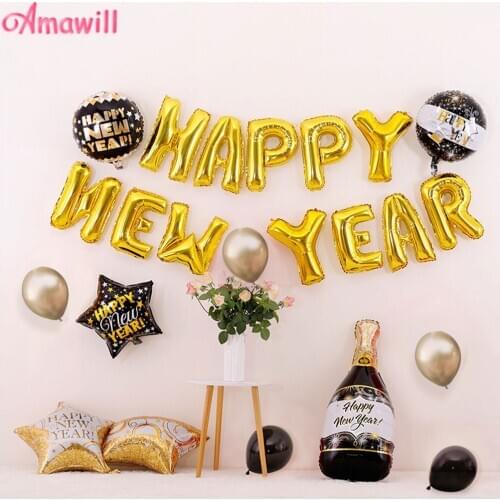 Happy New Year 2021 Decoration Balloons Fireworks Wine Bottle 12'' Metallic Latex Ballons Christmas New Year Eve Party Supplies