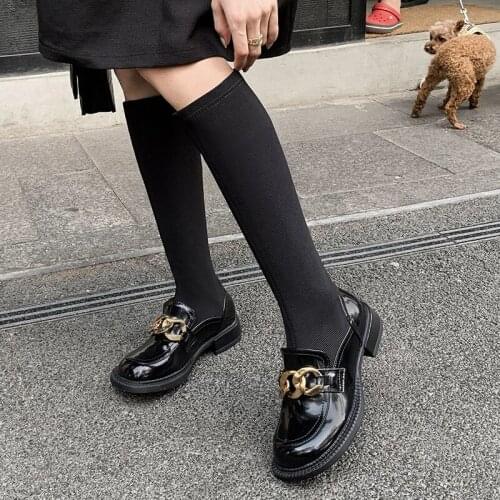 Cow Leather Sock Stretch Boots Women Knee-High Boots Autumn Winter Fashion Concise Casual Low Heels Black Shoes Woman