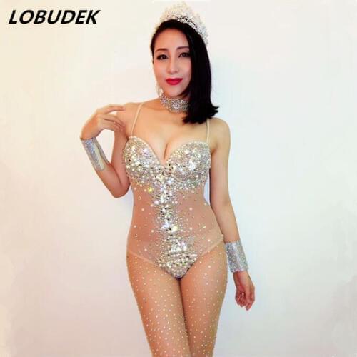 Sexy V-collar Backless Bodysuit stones Full Crystals Leotard Jumpsuit Club Bar Singer Ballroom dance costume Jazz DJ show outfit