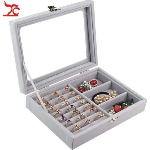 Grey Velvet Glass Jewelry Display Box Jewelry Tray Holder Casket Storage Organizer Earrings Ring Box 20.3*15*4.2cm