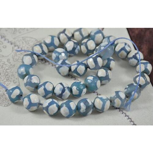 Unique Pearls jewellery Store Tibetan Dzi Faceted Football White Blue Agate Gemstone 10mm 15'' Full One Strand LC3-239