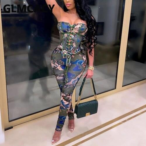 Women Vintage Camo Printed Two Piece Suits Lace Up Tube Top & Skinny Pants Set