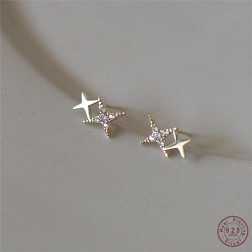 925 Sterling Silver Korean Version Simple Four-pointed Star Stud Earrings Women Pavé Crystal Light Luxury 14k Gold Jewelry Gift