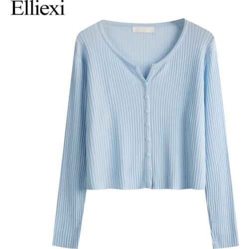 Elliexi Knitted Cardigan T-Shirt Casual Office Lady Solid V-Neck Autumn Tops Elastic Button Trendy Long Sleeve Women T shirt