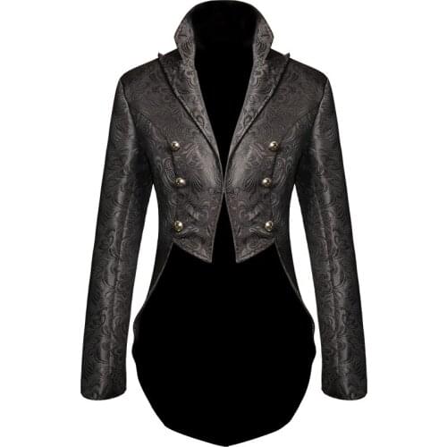Punk Gothic European and American Medieval Retro Clothing Mid-length Jacquard Double-breasted Suit Black Swallowtail Coat