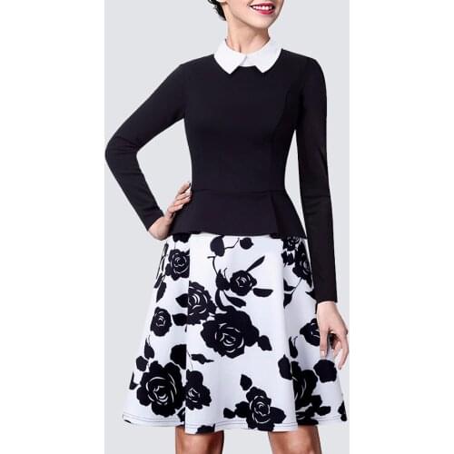 Fresh One-Piece Printed Floral A-line Peplum Dress Chic Turn-down Collar Full Sleeve Zipper Fit and Flare Ball Gown HA027