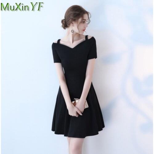 2021 Summer New Women Black Short Dress Lady Graceful V-Neck Off-Shoulder Dresses Evening Party Date Elegant Clothing Female